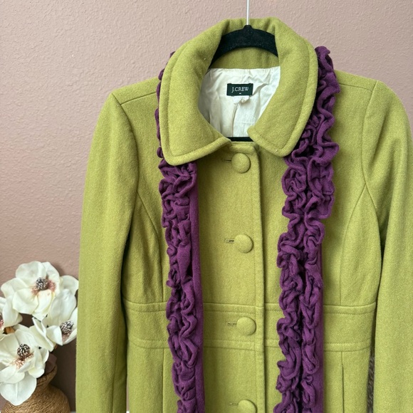 J. Crew 100% Wool Olive Coat with Plum Details and Scarf - Picture 3 of 16